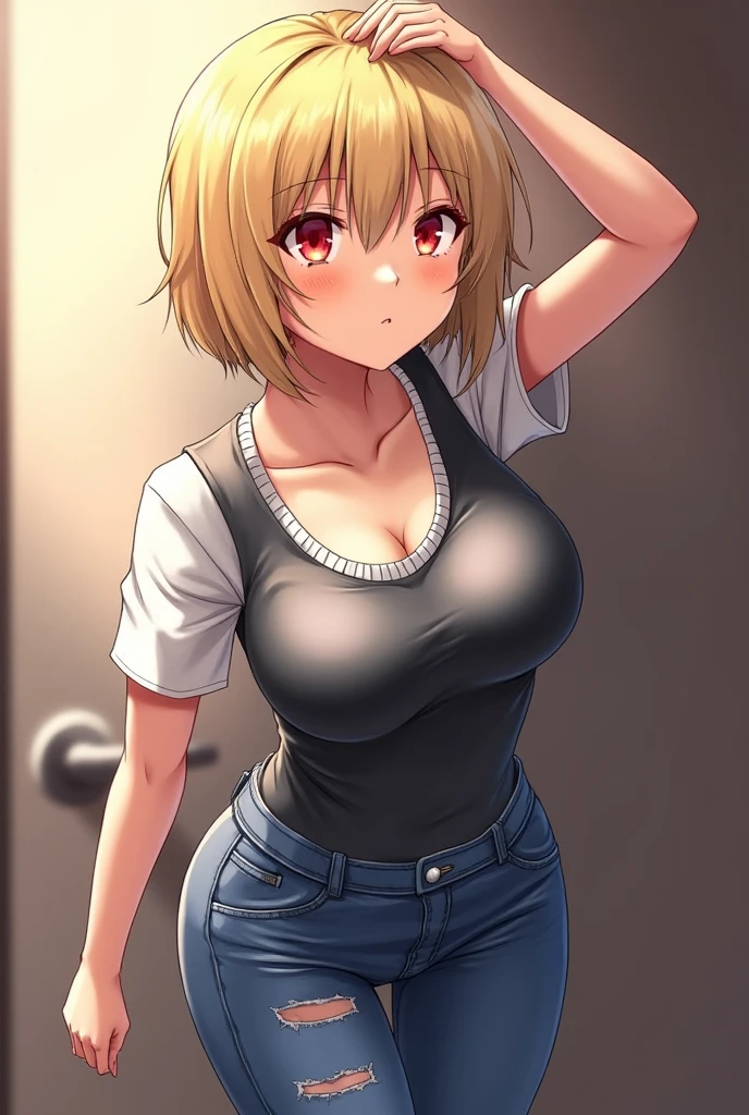 、(masterpiece、Highest quality)、Highest quality, Ultra-high resolution, (((masterpiece))), alone, Sweat、Big eyes, Composition from the front、Shortcuts、Embarrassed face、Blonde Hair、Cut your hair short、skirt、short hair、Upper body naked、Breasts exposed、Nipples、Large areola、Woman showing her body、belly button、真Composition from the front、indoor