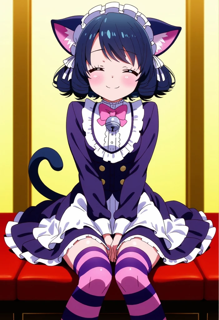 1 girl, animal ears, single, cat ears, cat tail, bell, open mouth, curly hair, curls, short hair, dark blue hair, green eyes, areola, areola, navy blue blouse with ruffles in the front, navy blue mid-length skirt with white ruffles only on the oriyas thigh-high stockings, navy blue striped high stockings, smile