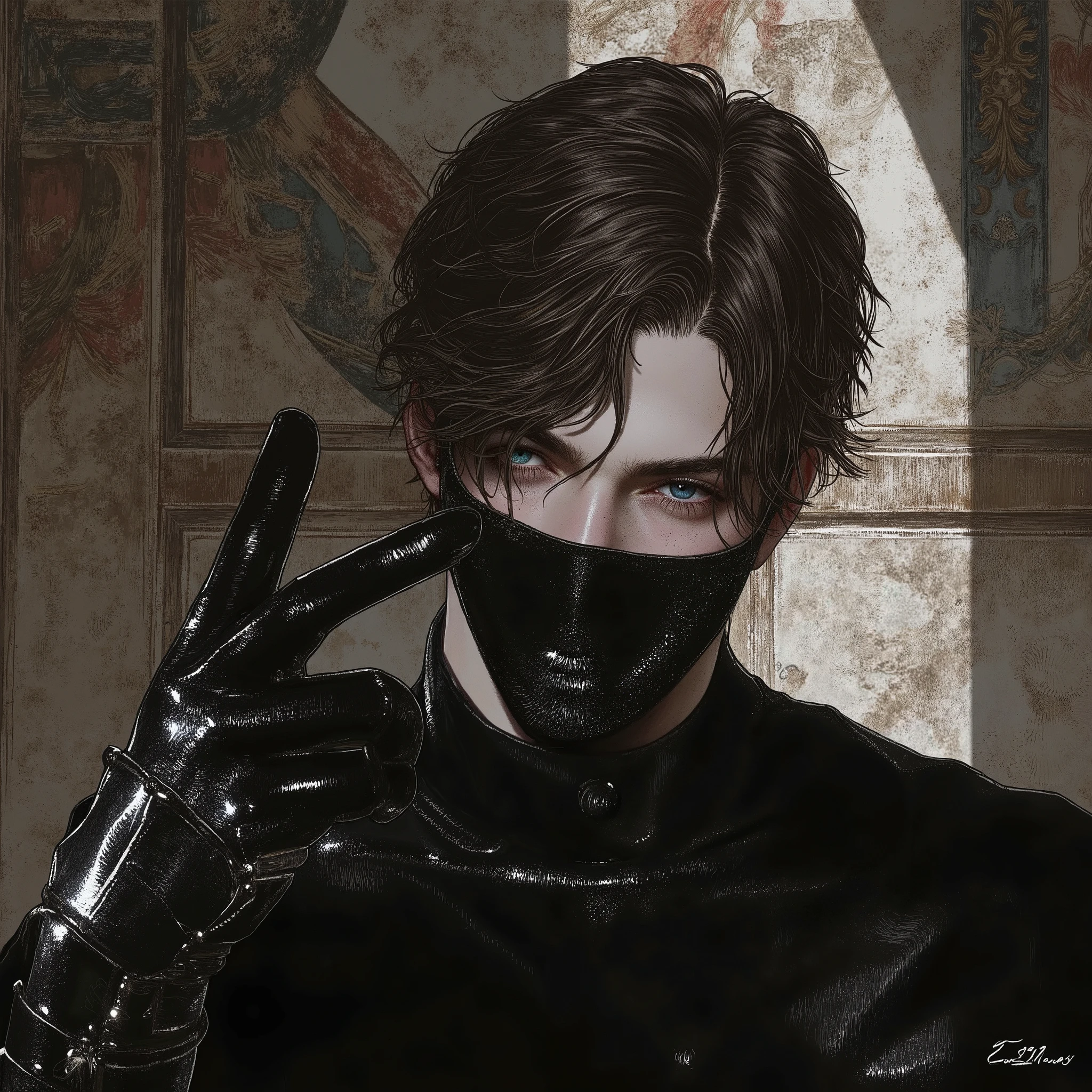 male antagonist cute evil cyber samurai knight , short brown hair , , rising hand in divine gesture , oni half face mouth mask , flaming blue eyes ,The Evil Monk
The cloisters old, expounded on their walls
With paintings, the Beatic Verity,
The which—adorning their religious halls,
Enriched the frigidness of their Austerity.