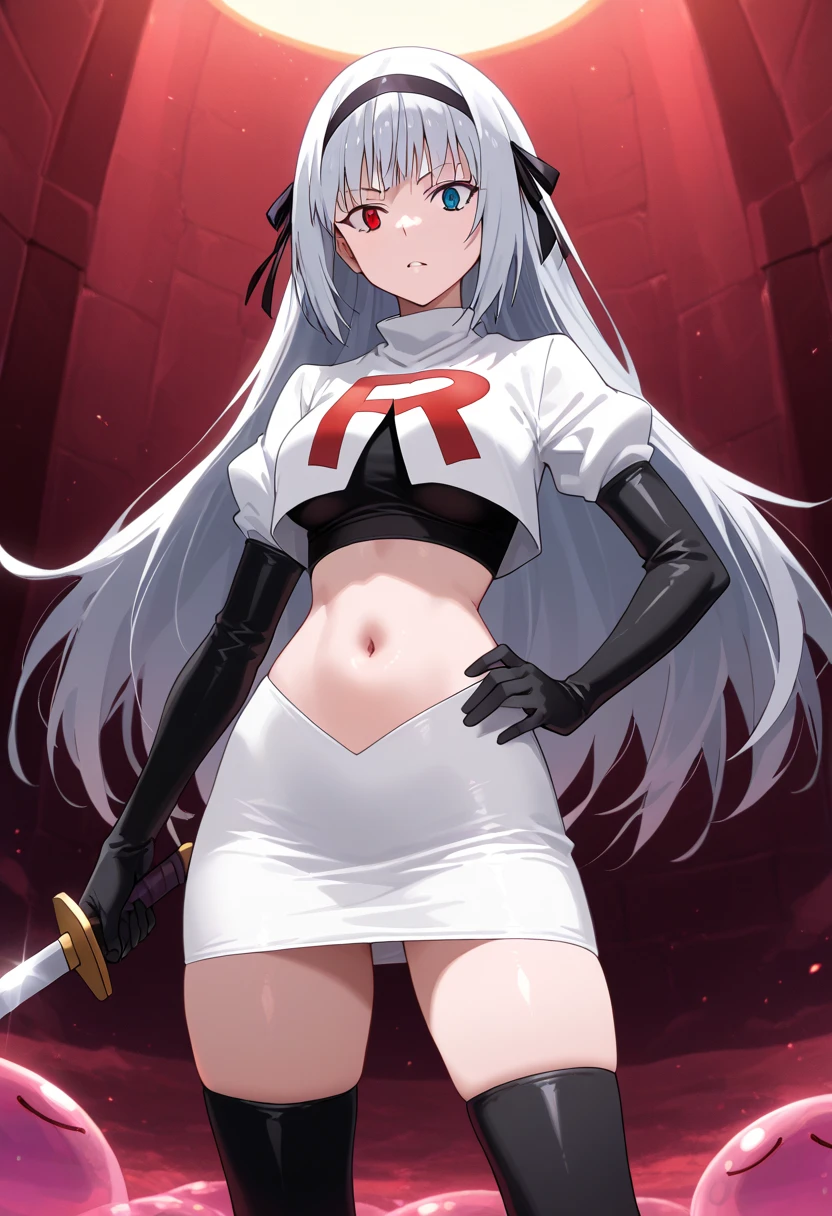 A3rd, 1girl, solo, weapon, smile, sword, looking at viewer, holding, holding weapon, holding sword, sideboob, floating hair, team rocket,team rocket uniform, red letter R, white skirt,white crop top,black thigh-highs ,black elbow gloves