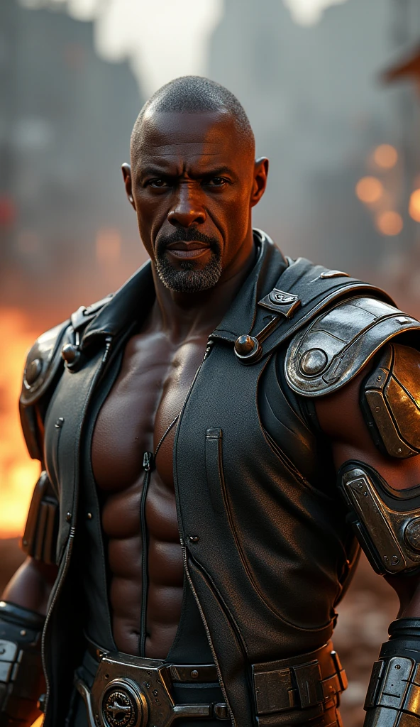 masterpiece, best quality, Dwayne Johnson, wearing cyberpunk costume, very muscular, athletic, huge, gray hair, gray hair, scars, warrior, barbarian, sfw, 55 years old, futuristic dystopia