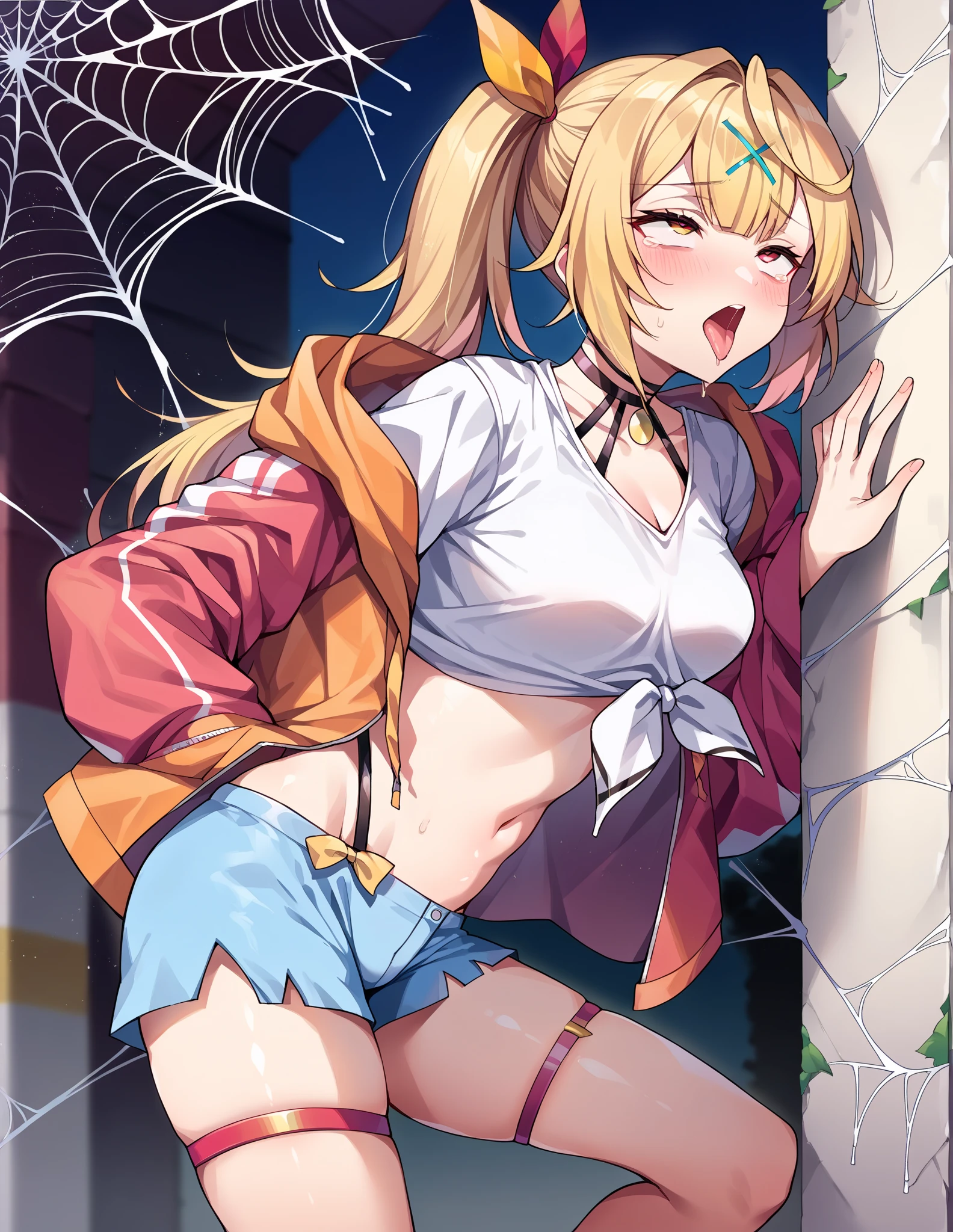 top quality, (Masterpiece: 1.3), (Maximum resolution: 1.2), (Ultra HDTV: 1.2), Cinema light, Ultra HDTV, (Detailed eyes and skin), (Detailed facial features), HDR, 8k resolution, Sharp Focus: 1.2, ( 1girl), (female Venom cosplayer), (squatting down on her knee , spreading her legs open , put her hands behind her head : 1.6), Perfect style, beautiful face, accurate, anatomically correct, highly detailed face and skin texture, detailed eyes, deep red eyes, double eyelids, thin eyebrows, glitter eyeliner: 1.2, blushed cheeks, round face, translucent and fare skin, (glossy lips:1.4), (heart shaped pupils:1.5), BREAK first-person-view, ((Wearing symbiote costume :1.6)), ( the outfit fits tightly her body line), (smiling full of compassion:1.2), (((caring smile with love:1.6)), innocent and Cute girl, ((( glossy blonde hair with side braids style:1.5 ))), (extra long hair) BREAK (Full body shot: 1.2), (focus on her lower body), (medium large breasts:1.2), ((( at her loof top , at night: 1.6)), ,