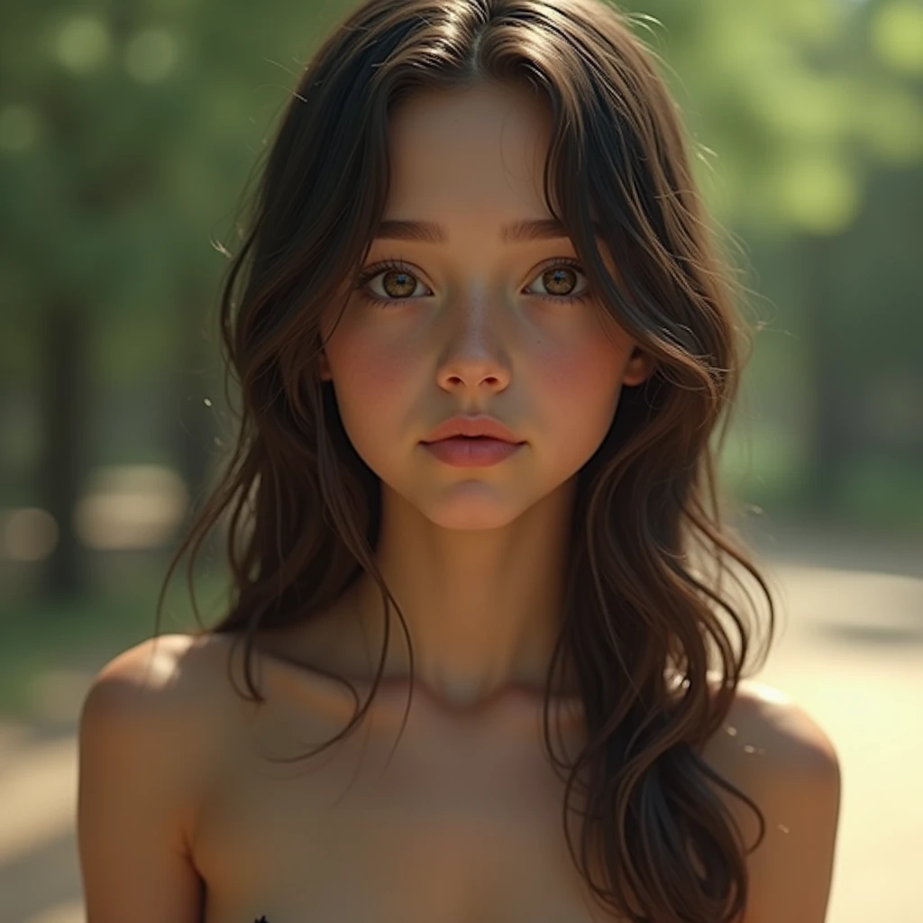 Melissa Benoist, (((standing naked in the park))), ((small breasts))), shy, worried, hiding, (face blushing), (((hands behind back))), ((huddled together)), (minimal jewelry), angry