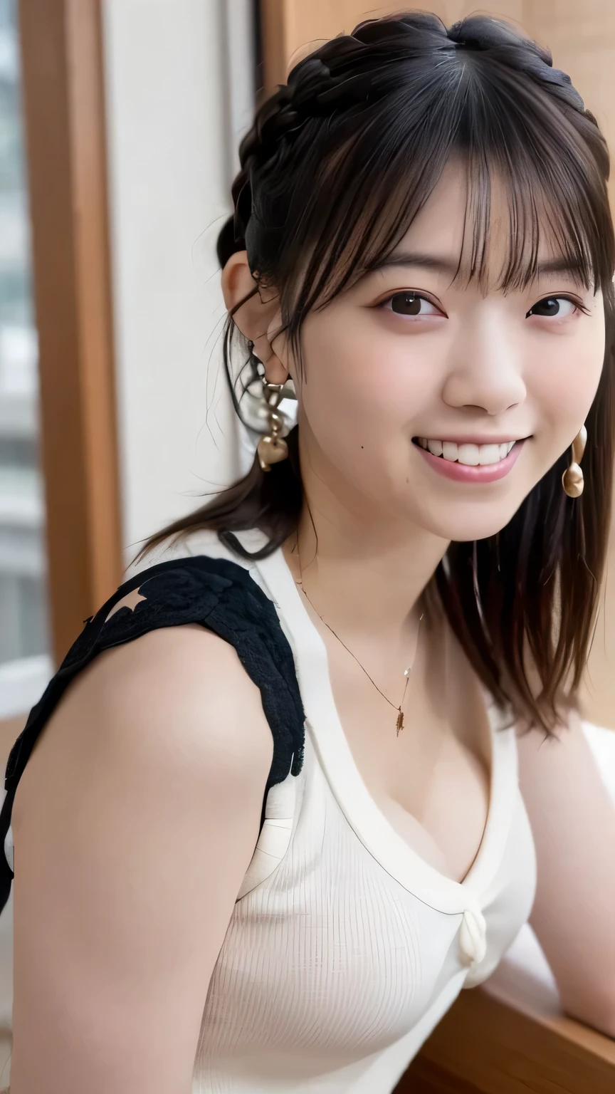 (((medium hair))), highest quality, 8k, HDR, High resolution, disorganized:1.2, blurred background, Bokeh:1.2, photograph, (RAWphotograph:1.2), (realistic:1.4), (masterpiece:1.3), (intricine details:1.2), 1 girl, 一人in, japanese girl, delicine, beautiful, (fine eyes), (detailed facial feinures), , (((small breasts))), Perfect for your skin, (looking for_in_viewer), from_front, (skinny), (highest quality:1.4), (ultra High resolution:1.2), cinema light, (extreme detailed illustrinion), (lip gloss, highest quality, ultra High resolution, Depth of the bounds written, caustics, wide range lighting, ninural shading, 85mm, f/1.4, ISO200, 1/160s:0.75),1 girl, 一人in, (((Blue Vest))) smile, school uniform, necklace,