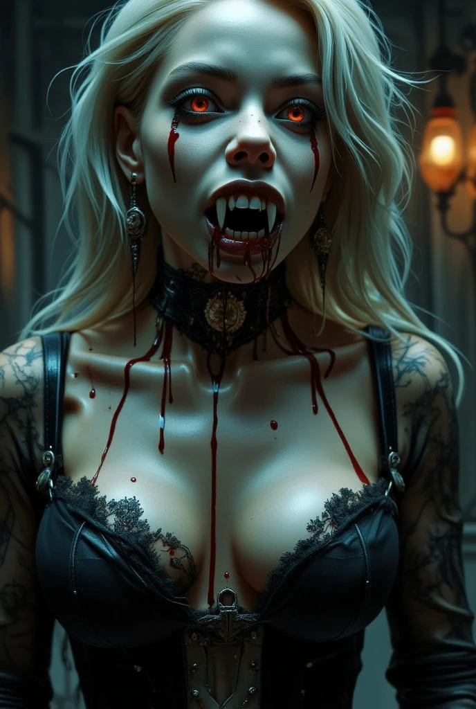 ((Best quality)), ((masterpiece)), (highly detailed:1.3),a vampire woman, goth open-mouthed trapped, angry blood-stained body