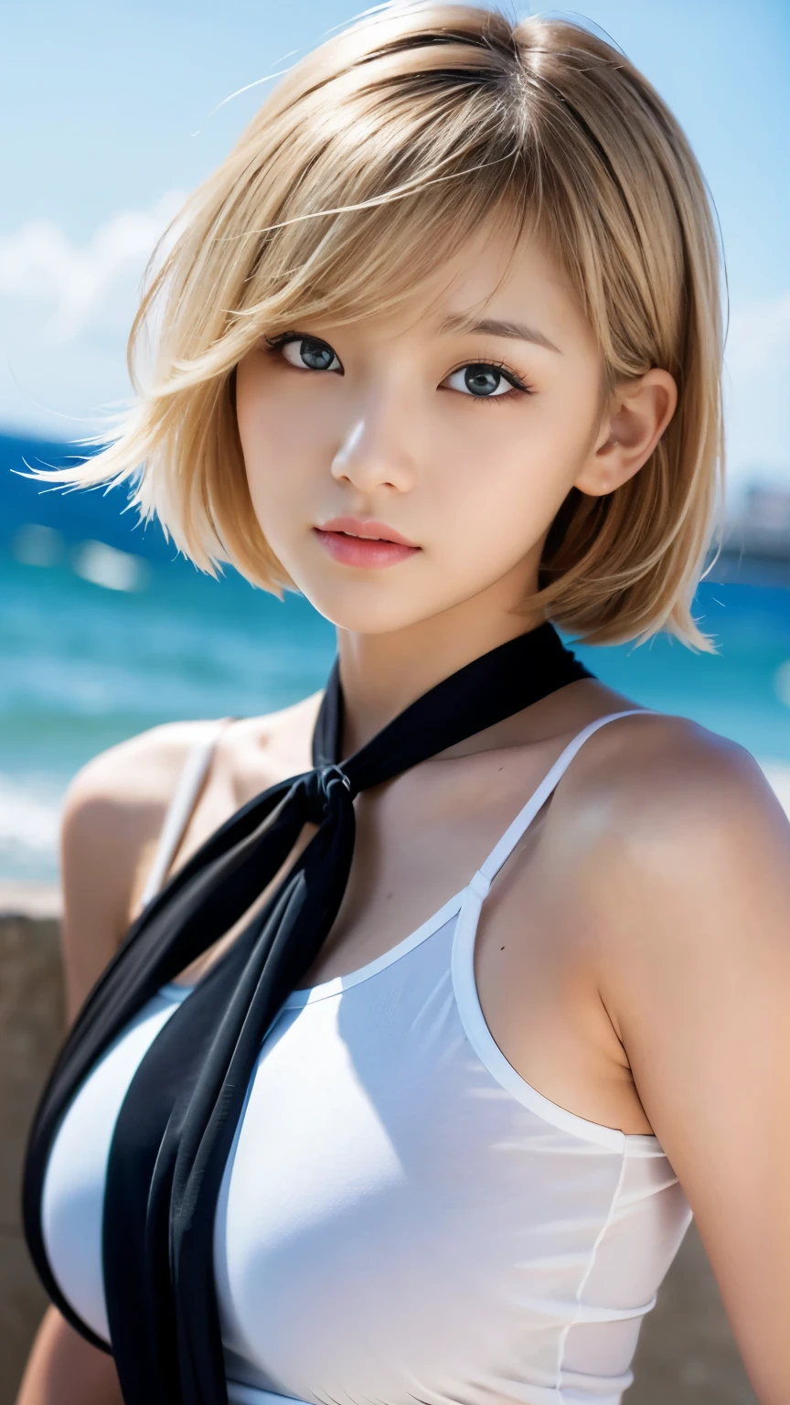 Sexy Big 、Sexy and cute looks and cute beautiful girl, Beautiful and sexy face、A strong wind blows my hair in front of my face、Cute short hair blonde, Sexy eyes hidden by long bangs.、Cute ribbon