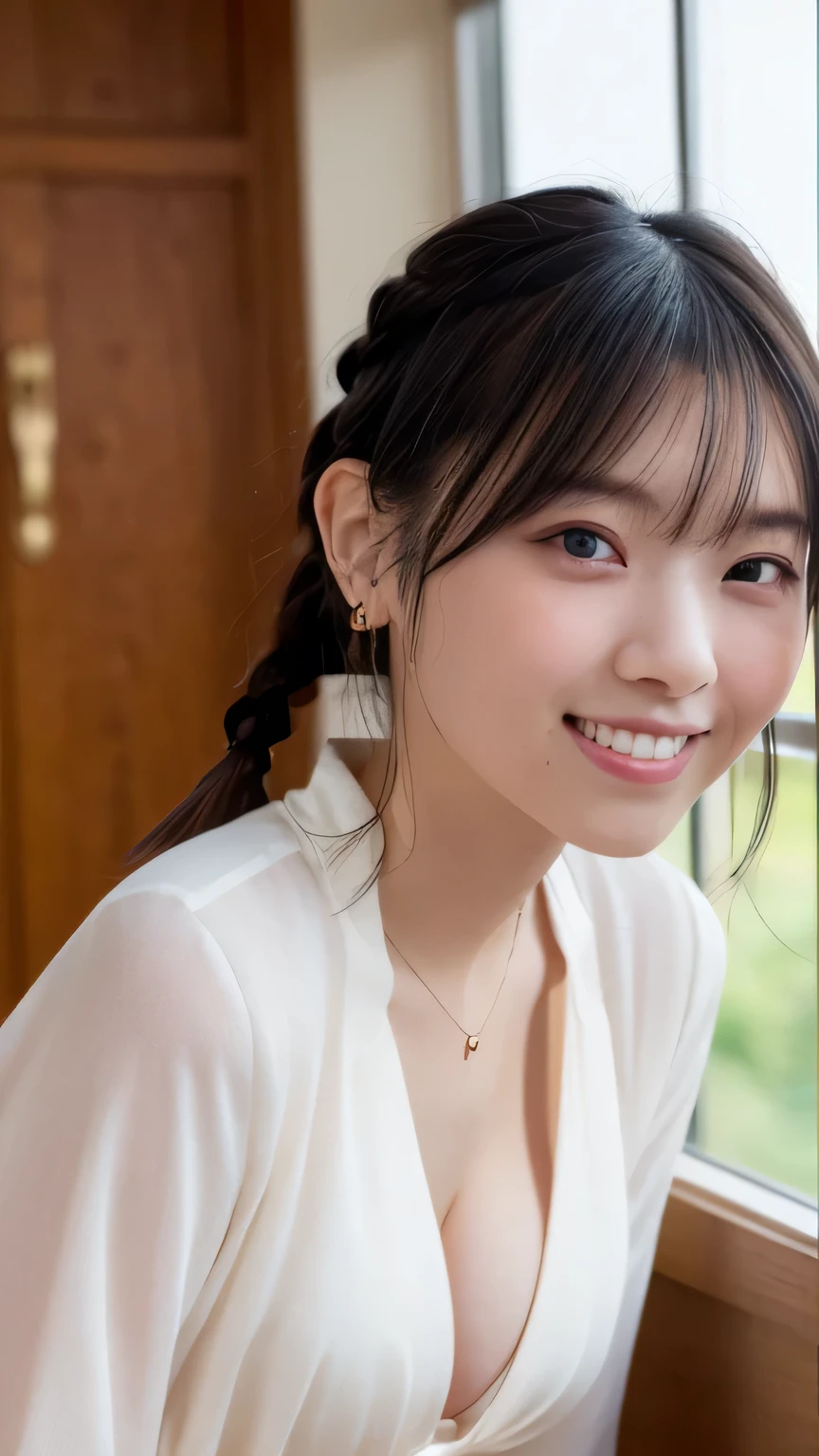 Little girl in white blouse and blue jeans standing by the window of conference room,Cute:2, cute - fine - face,extremely delicate and beautiful, finely detail, (Photorealsitic:1.4), ultra-detailliert, ighly detailed, a beautiful detailed girl, (Perfect female figure),,a smile,showing teeth,