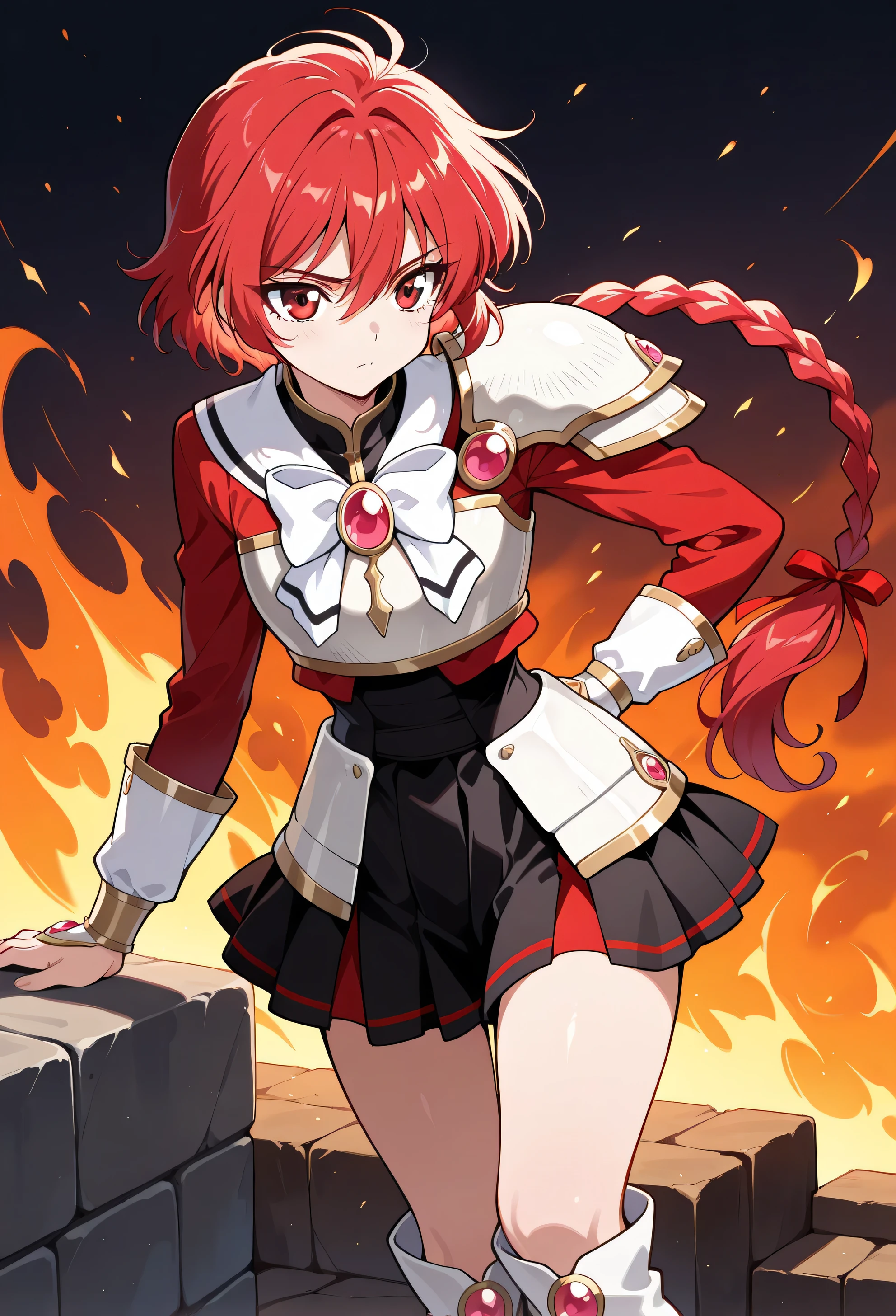 masterpiece, best quality, high quality, anime, solo, AEHikaruKnight, red eyes, red hair, braided ponytail, hair between eyes, hair ribbon, long braid, long hair, single braid, breastplate, pauldrons, shoulder armor, gem, black skirt, boots, kneeboots, white footwear,
confident, outdoors, fire background, cowboy shot,