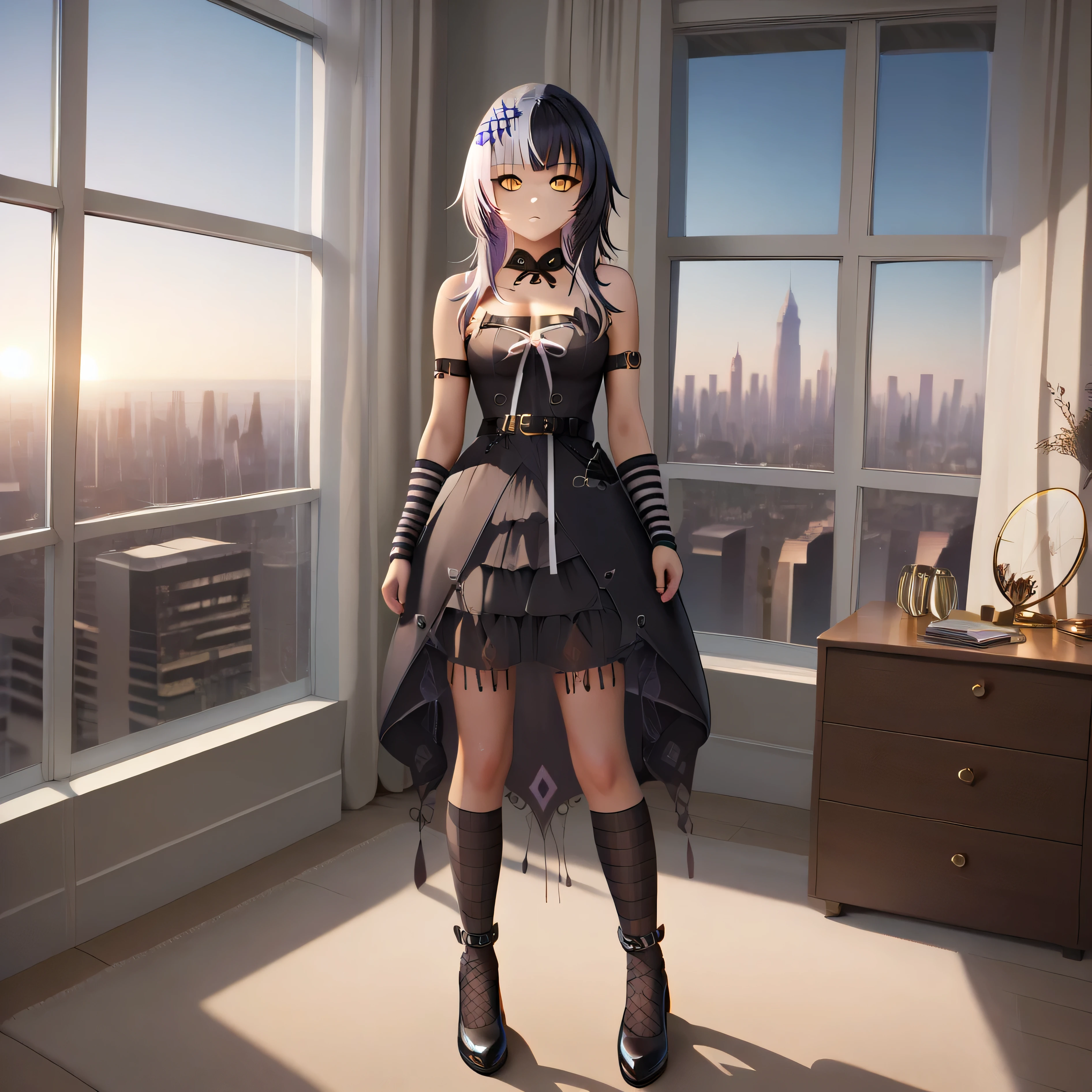 detailed, intricate details, FaceDetail, stunning, masterpiece, best quality, detailed eyes, vivid eyes, score_9, score_8_up, score_7_up, full body shot, 1girl, solo, 4partment, indoors, window, scenery, cityscape, ShioriBase, split-color hair, white hair, black hair, yellow eyes, hair ornament, lace choker, black dress, layered dress, sleeveless, cleavage, chest belt, white ribbon, black belt, striped thighhigh, fishnet socks, mismatched legwear, arms strap, arm warmers, looking at viewer, confused,