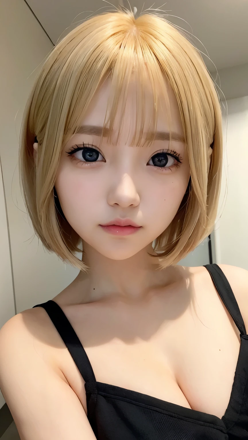 Photo Real、photoRealstic Golden hair、Depigmented hair、Short hair、Straight hair、Lots of bangs big eye、with round face、Plump cheeks、The contours of the face are round、a small face、a baby face japanes、14years、tiny body、skinny body、young body、Soft thighs mini top hat、Gothic lolita、Red Wedding Dress、Black frills、Wear lace、Dresses that stand out、Decoration Dresses、a short skirt、Unique clothing single、Adult Pose、Bold poses、Faces close、Face Close-up、Blushing、Looking here、cleavage of the breast、smil Background with、Old-fashioned Western-style building、Western-style castle、a castle yard