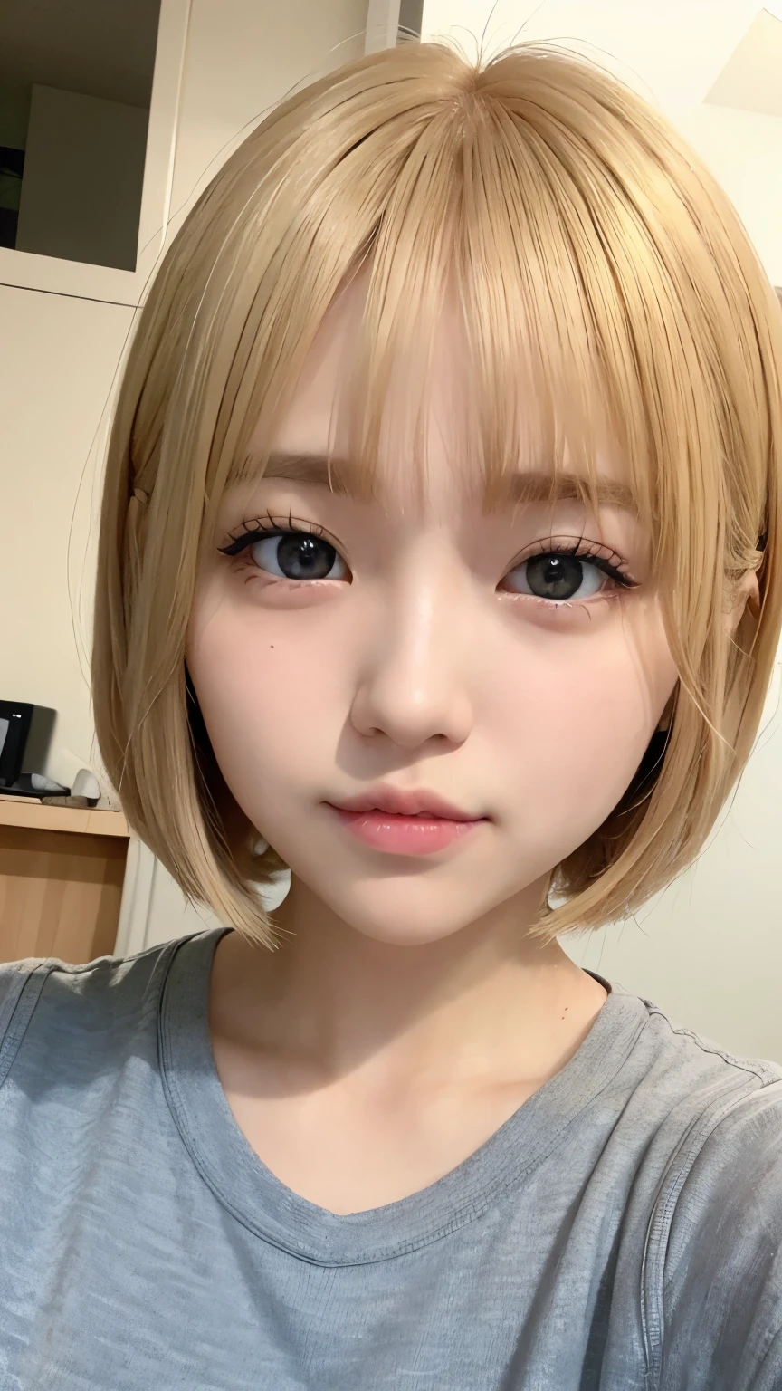 kawaii girl、golden bob cut hair、Big blue eyes、