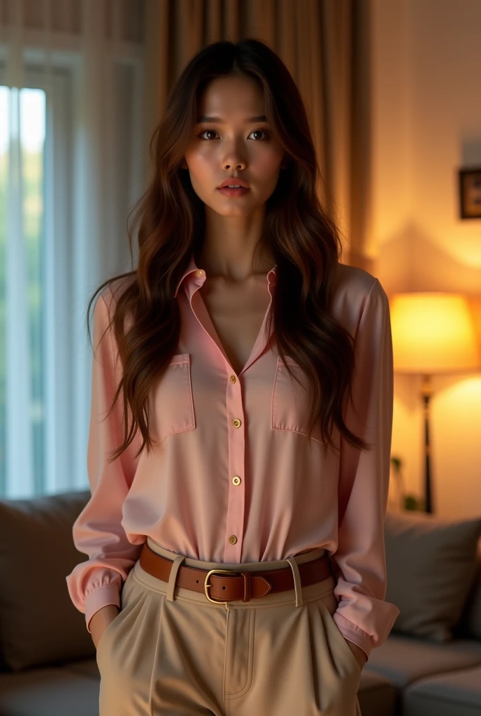 Pictures of beautiful young women from Korea with big breasts, wearing an open shirt, with sunglasses in the room