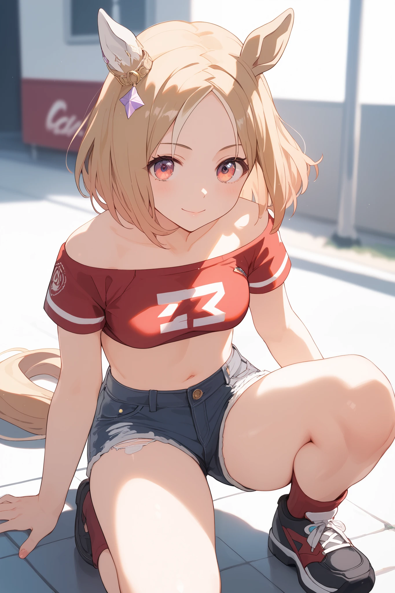 narita, horse tail, short hair, animal ears, ear ornament, ear covers, single ear cover, 1 girl, solo, anime style,on the ground,BEST QUALITY, super detailed, anime style,8k, high resolution, detailed images,Highest quality,best quality,(( red tube top )),((white micro mini denim shorts)),((squatting with legs open)),(gently on your chest),Dyed slightly red on the cheeks,((On the racecourse lawn)),(morning),(Sunshine pours down),((smooth thighs)),(Up image of the upper body above the thigh),Picture from the thigh,character up image,front view,(Image uploaded from the game uniform),,((An upshot from the thigh))