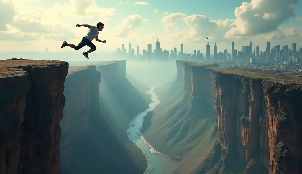A person leaping across a chasm between two cliffs, with a cityscape in ...