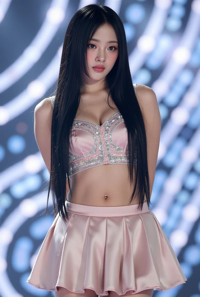 masutepiece, Best Quality, Illustration, Ultra-detailed, finely detail, hight resolution, 8K Wallpaper, Perfect dynamic composition, Beautiful detailed eyes, nsfw, cleavage, Random sexy poses, Full body, black hair, (light blue inner hair:1.4), wavy hair, (Absurdly Long Hair:1.6), (Beautiful Voluminous breasts), (real looking skin), Natural Color Lip, (The best smile), 17 year old, Beautiful girl, (((nude))), (((pussy))), (runway background:1.4), earrings, pendant, bracelet