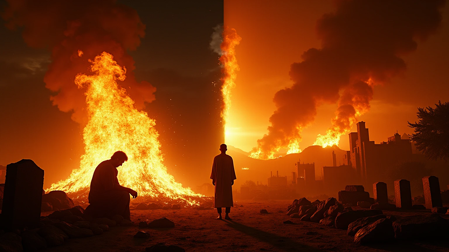 A bird's-eye view of a man looking at the destruction of Sodom and Gomorrah, The scene is from above, pessoas fugindo do fogo, mostrando as duas cidades em chamas, The fire is loud and intense, and the smoke rises into the sky, pessoas correm pelas ruas, tentando escapar do fogo, The cry is loud and desperate, the sun is red and the sky is dark, The scene is apocalyptic and frightening. This scene represents the story of Sodom and Gomorrah from the Bible