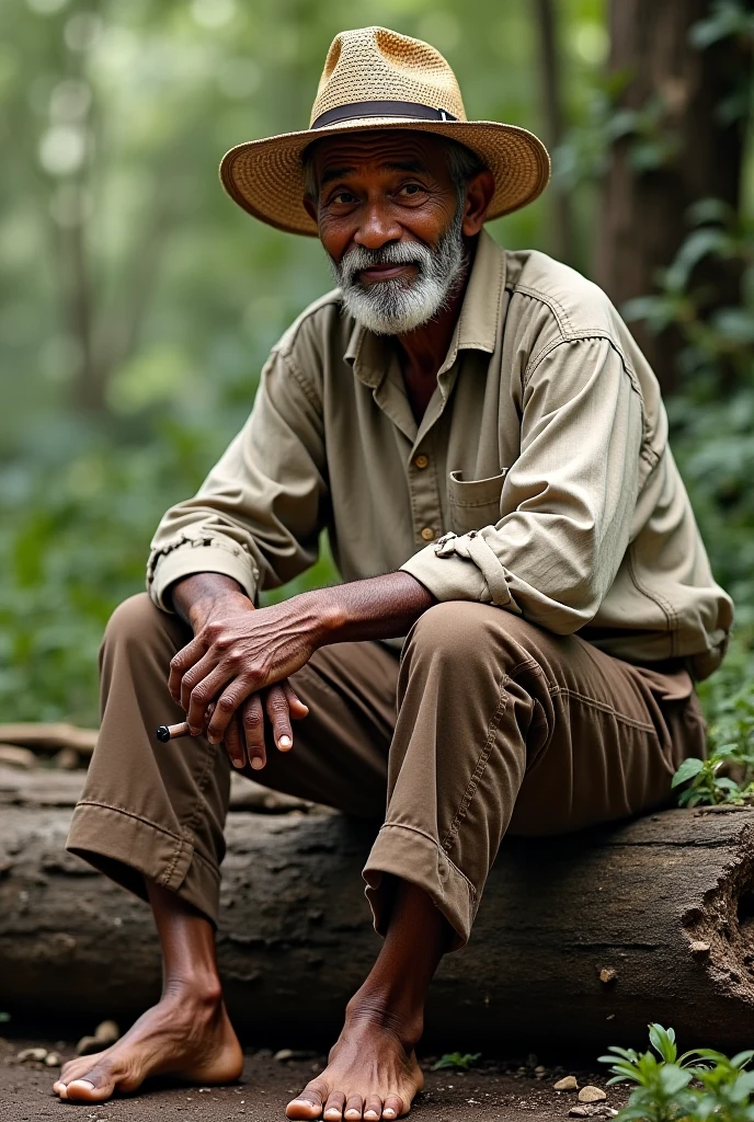 Old black man with a hat
sitting on a tree trunk
