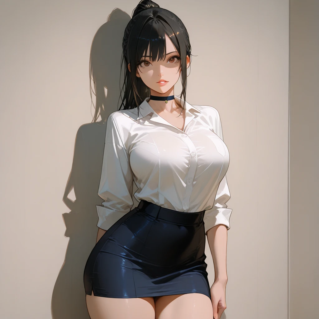 1 girl, in office worker's suit, posing standing, (bare-chested), in bra, small breasts,(hands on hips), full body, black hair, shy, cute, masterpiece, super detailed, detailed face, beautiful eyes, ((white background)),(front view)