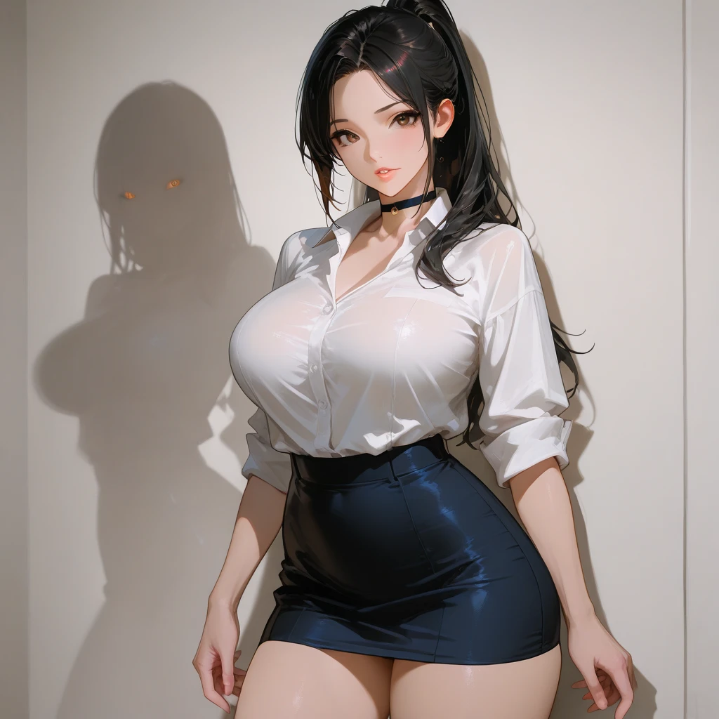 1 girl, standing, sexy seductive pose, (single, full body: 0.6, young, big breasts: 1.2), detailed face, chinese woman in white dress, black tie and white shirt, black stockings, close-up of woman, korean girl, gorgeous young korean woman, wearing shirt, wearing cute top, chinese girl, beautiful korean young woman, young cute girl, long hair asian girl, asian girl, smooth white tights suit