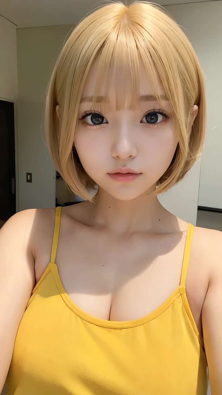 kawaii girl、golden bob cut hair、Big green eyes、