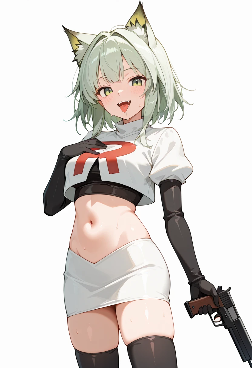 genshinnoelle, noelle, braid, flower, hair flower, hair ornament, short hair, silver hair, (green eyes:1.5),team rocket,team rocket uniform,white skirt,crop top,black thigh-high boots,black elbow gloves,