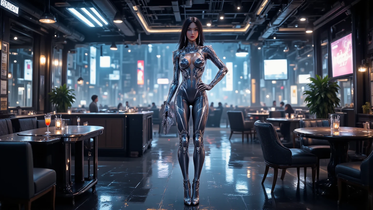 Sexy female cyborg erotically sitting at a table in a sidewalk cafe, foot on foot, (Best quality, 4K, 8k, A high resolution, masterpiece:1.2), absurdity, masterpiece, ultra detailed, (realistic, photorealistic, photorealistic:1.37), complex parts, HDR, (complex parts:1.12), (hyper detailed, hyper realistic, Soft lighting, spicy:1.2), beautiful figure, Magnificent Anatomy, (complex part, Hyper detailed:1.15), Smooth skin,
