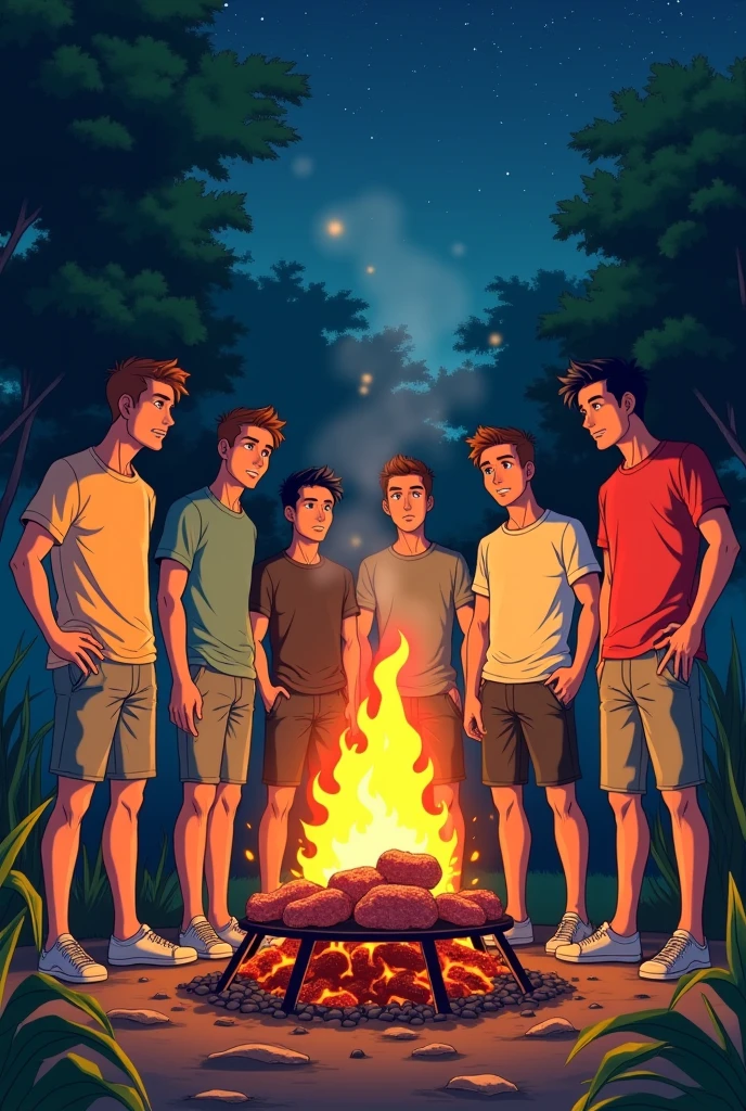 Four men wearing only a short thong that shows a little of their ass each one has a different hair color one of them has blonde hair the other has black hair one has red hair the other has orange hair and only one of them is black they are around a campfire sitting right in the back there is a tent that fits four people they are in a forest at night and on the left side there is a beautiful lake where there are two men kissing the image has to be in a hot gay anime