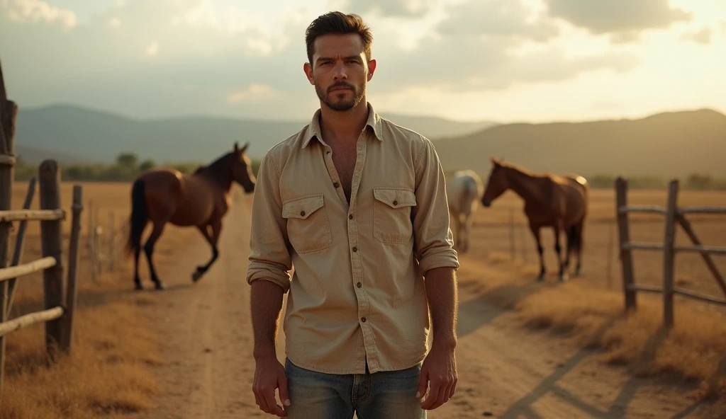 A young handsome skinny man with no shirt standing in the desert with many horses running behind him