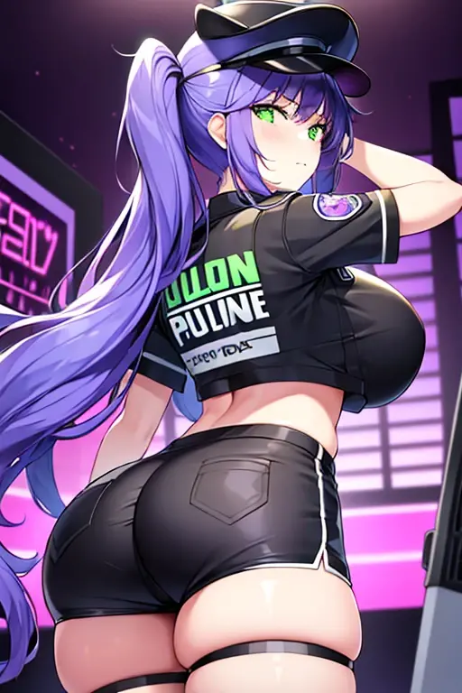 1girl, purple hair, long hair, cat ears, cat tail, green eyes, cute, cute face, from behind, ass, thong, highleg, ass focus, police, police uniform, policewoman, police hat, machinery, tech, neon, futuristic, science-fiction, wavy mouth, shy, timid, huge ass, large breasts, thick thighs, mature female