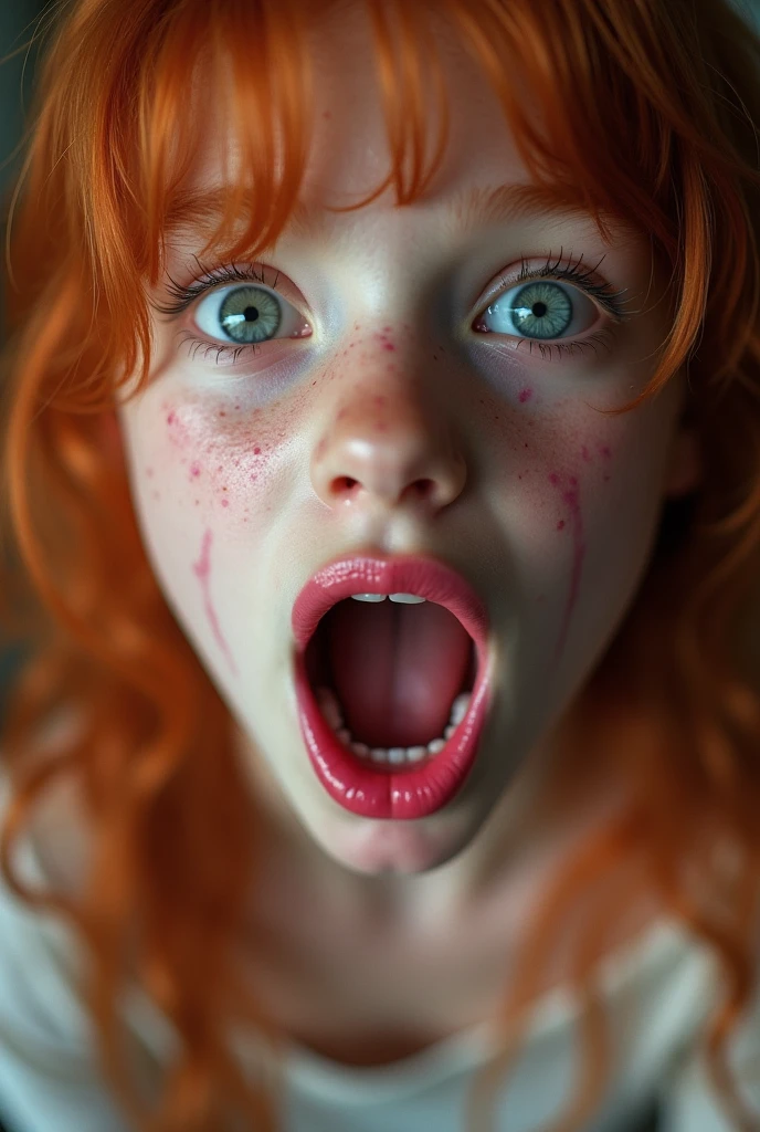 A realistic 8k picture of a young girl with blonde hair and blue eyes,sweating, the eyes are focusing, she has a open mouth with wet tongue, angle from below shiny skin with sweat, vulgar face