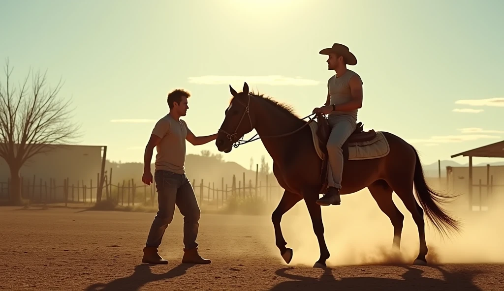 A young handsome cute shirtless guy getting off a bike with a cowboy friend on a farm