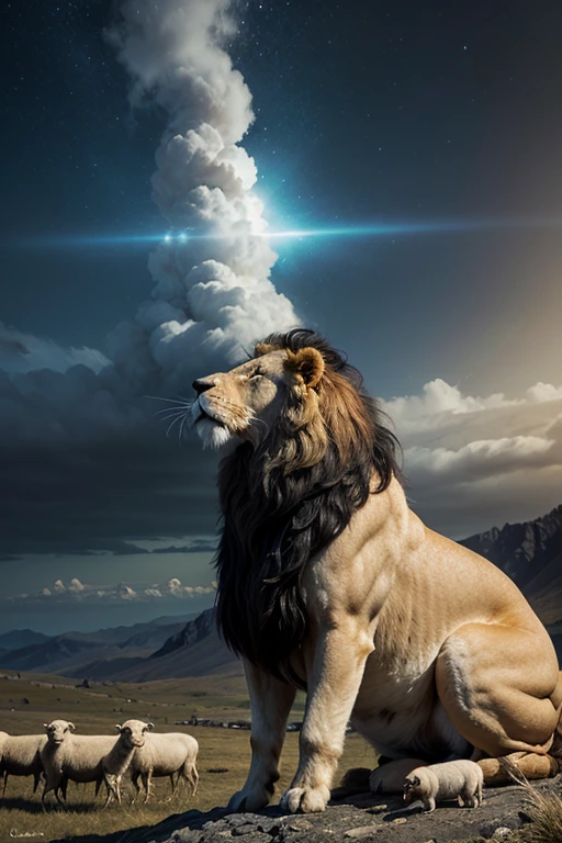 Generate an epic, divine atmosphere, dramatic and impactful image. An impressive golden stately lion, with a white sheep close to him, muito linda, the lion is protecting the sheep, The setting is epic, Golden tons