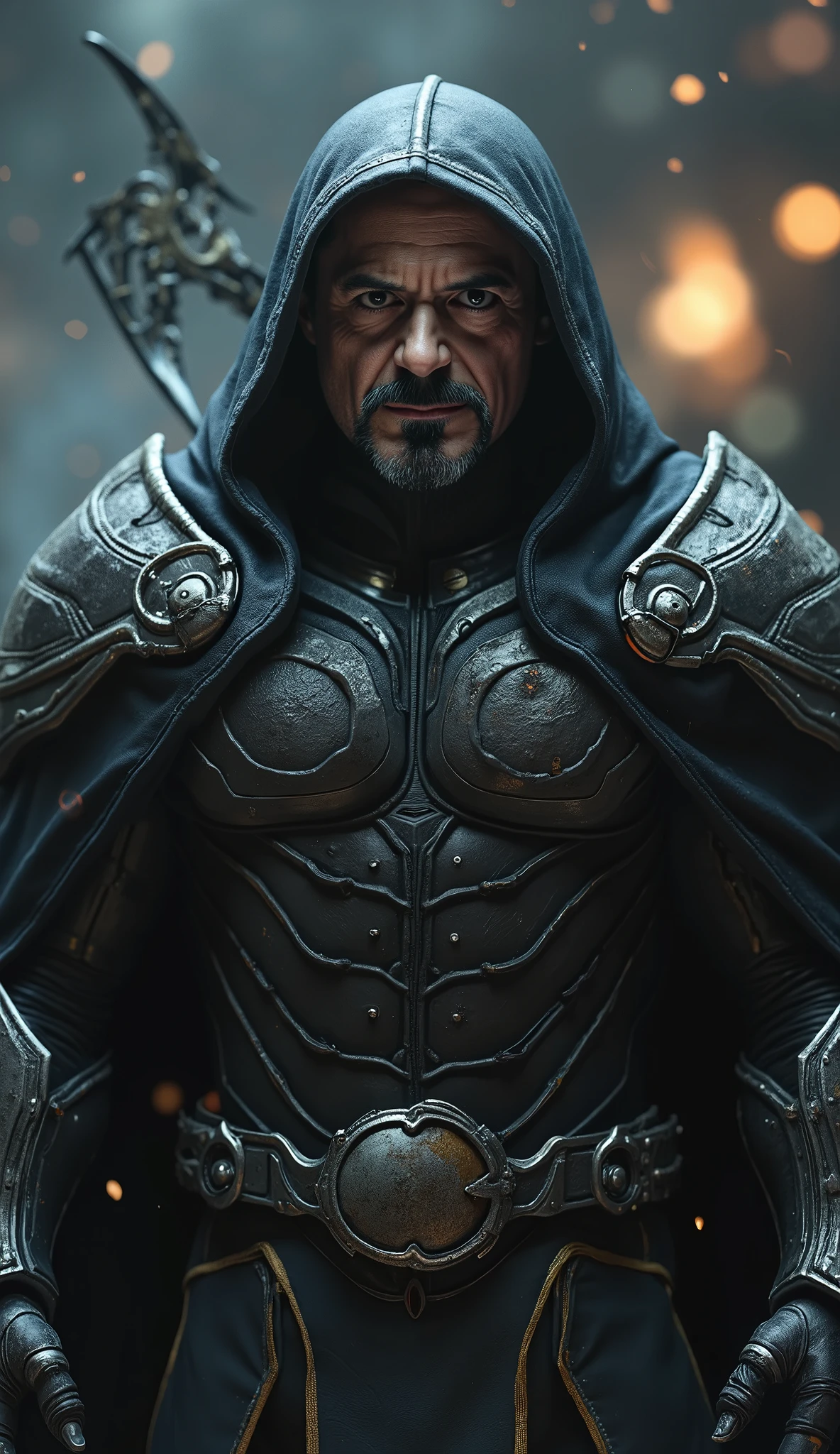 Robert Downey Jr. like Noob Saibot in a hyper-realistic and summarized version:

The scene focuses on the upper part of the body, exibindo Robert Downey Jr.  with refined features , but darker. Your face carries a cold and calculating expression, with completely white eyes, no iris or pupils, emanating a threatening air. her skin is pale,  almost translucent , with dark veins visible under the surface, highlighting its malignant transformation.

He wears shiny black armor with silver metallic details, covered by a dark cloak that seems to float like smoke around you. The gloved hands hold your iconic kama (foice), whose blade reflects an ominous glow. The dim lighting highlights the contrast between the absolute black of your armor and the ethereal details of your mantle.

No fundo, a dark and hazy environment suggests the kingdom of Outworld, while small particles of smoke swirl around you, reinforcing its ghostly nature.