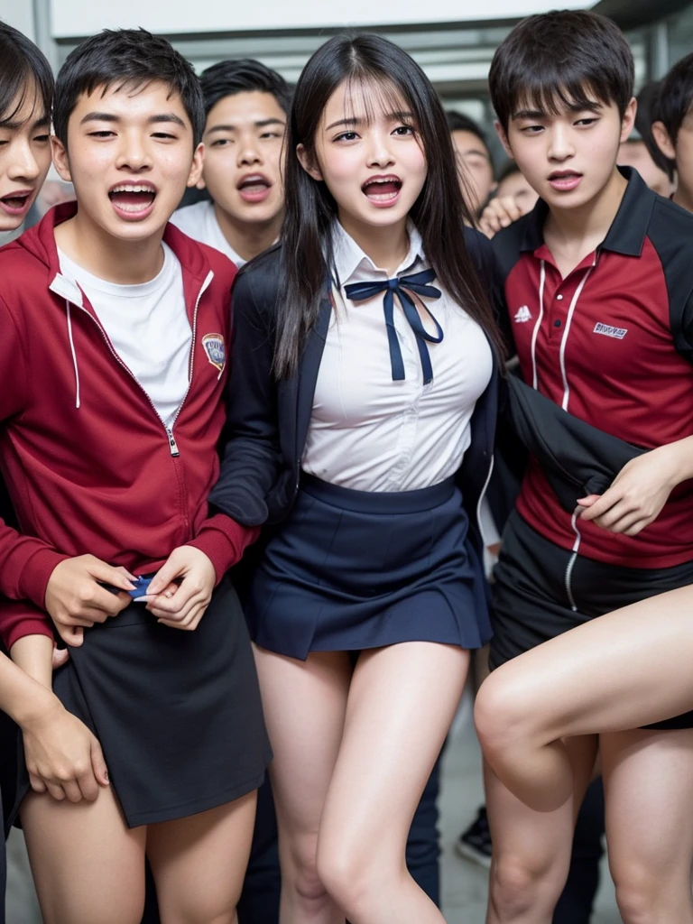 (best quality, 16k, ultra detailed, Photorealistic, beautiful skin, professional lighting, detailed face), Japanese pretty girl, (big breasts), (school girl, school uniform, sleeveless), (having sex:1.3), (anal sex:1.3), (spread legs), (smile, beautiful armpits), school, outdoor, (crowd:1.3), standing,