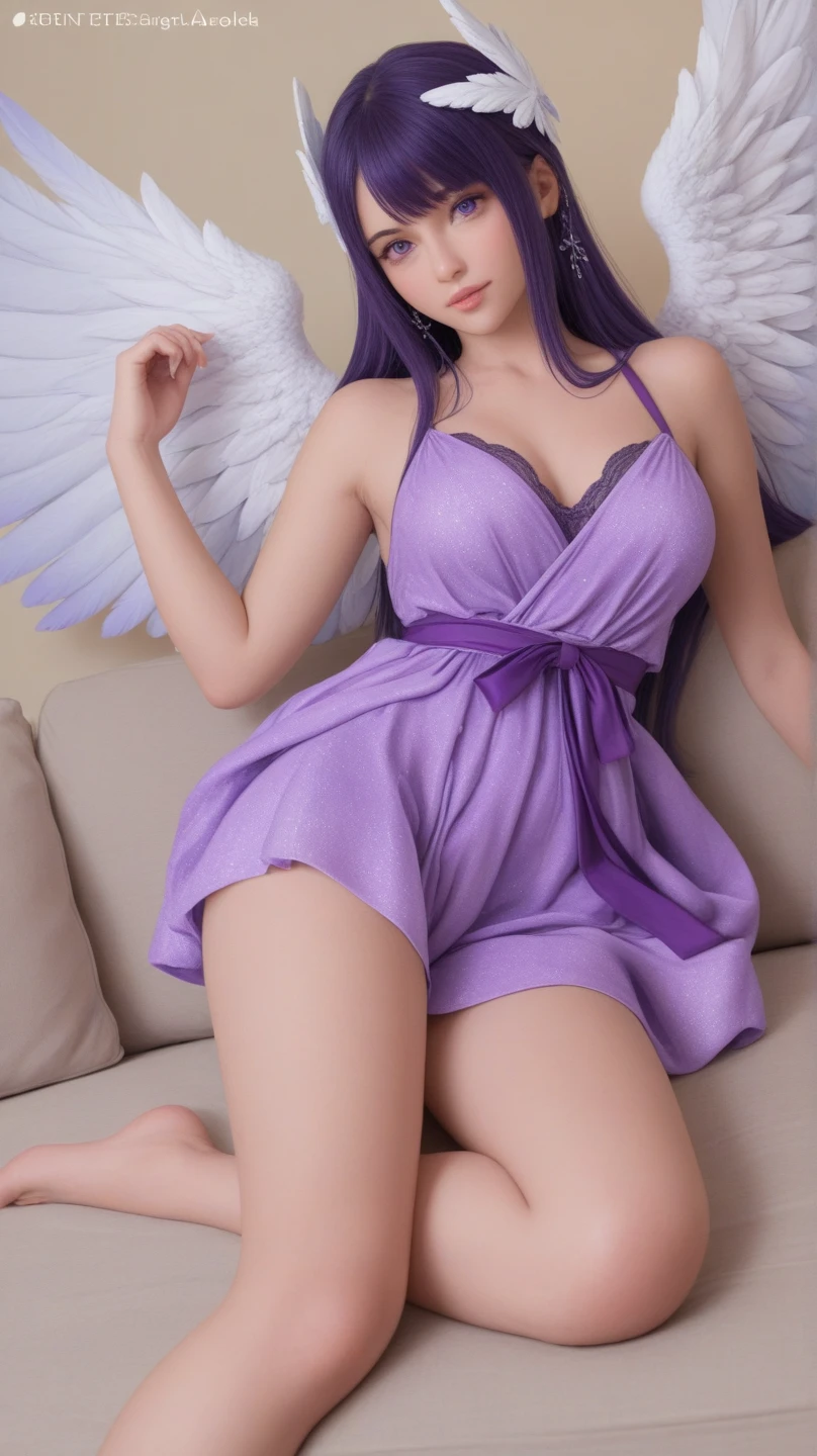 1girl in, 30 years old, Square face, straight look, Long wavy purple hair, chrysanthemum-embellished hair, orchid-embellished outfit, body facing the screen, lots of jewelry, white skin, big, attractive breasts curvy, big butt, colorful white red and blue bikini outfit, a pair of angel wings on her back, small village background in Japan, surrounded by many wildflowers, sunny sky, dancing Stretch your legs to create many sexy designs