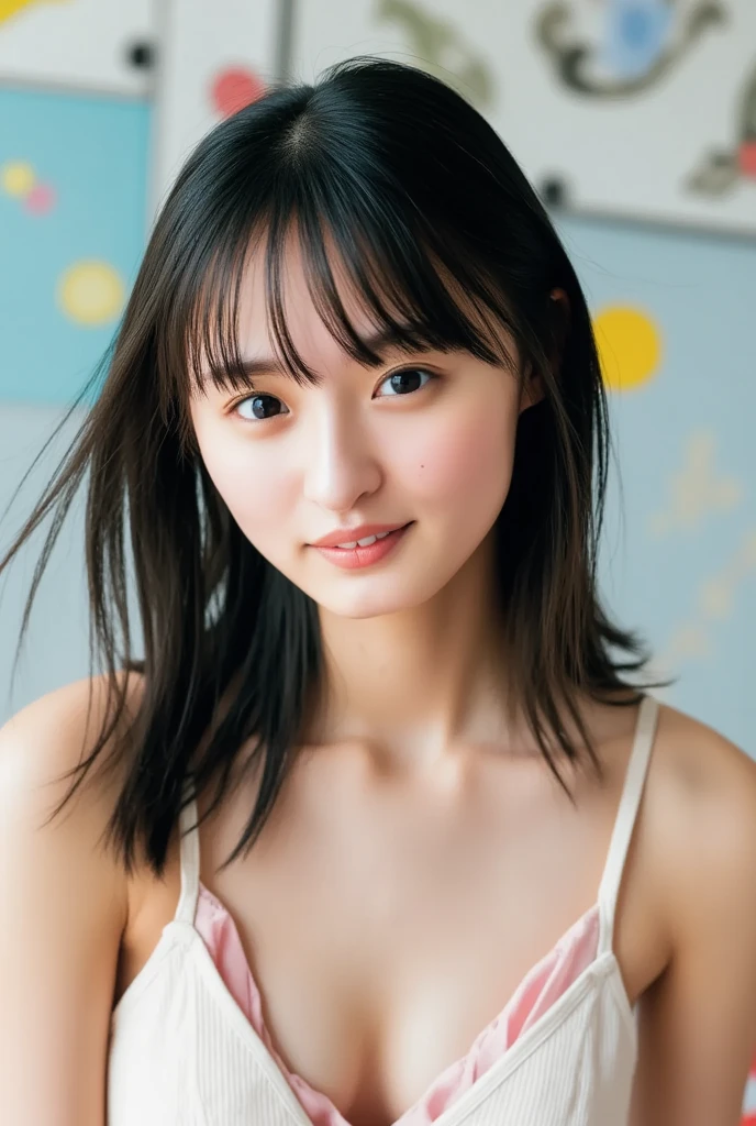 The beauty of 8K raw photos:2.0, Japanese woman, short hair, 18 years old, great face and dark eyes, looking down, looking at the viewer:1.5, big smile, wet hair, spread the legs wide, tiny top, (pink dress:1.2), shinny skin, realistic:1.9, very detailed, cowboy shot from bottom:1.2, High resolution RAW color photos, professional photos, Taken at the studio, plain wallpaper, girl sexy portrait
