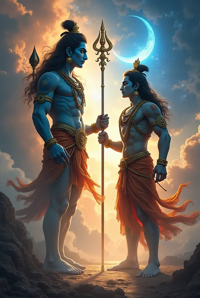 Lord Shiva handing over the Sudarshan Chakra to Lord Vishnu. Vishnu, with a grateful expression, is receiving the powerful weapon with both hands. The Chakra is still glowing brightly, symbolizing its immense power. The background is filled with a heavenly light, and a sense of divine blessing pervades the scene.