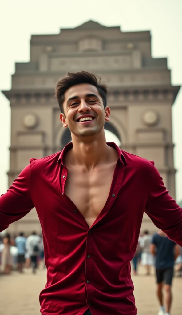 Mohamed Ramadan goes shirtless in front of crowded people on a City Street.his nipple touched by the Guy. He gigles. He laugh. The wind blow the coat. He just wear the silver suit with no Shirt inside. 