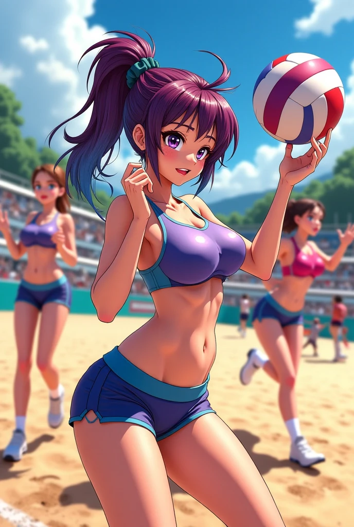 (8K ,hyper-detailing,ultra real photo,Best masterpiece,natural,Perfect artwork,Perfect female body),Sexy female volleyball player、short black wavy hair、super fit volleyball uniform、low chest,open neck collar,Wear volleyball shorts、an sexy、ssmile、Sexy pose on volleyball court,humongous large breast,,Beautiful long legs,Tall figure,fully body photo,