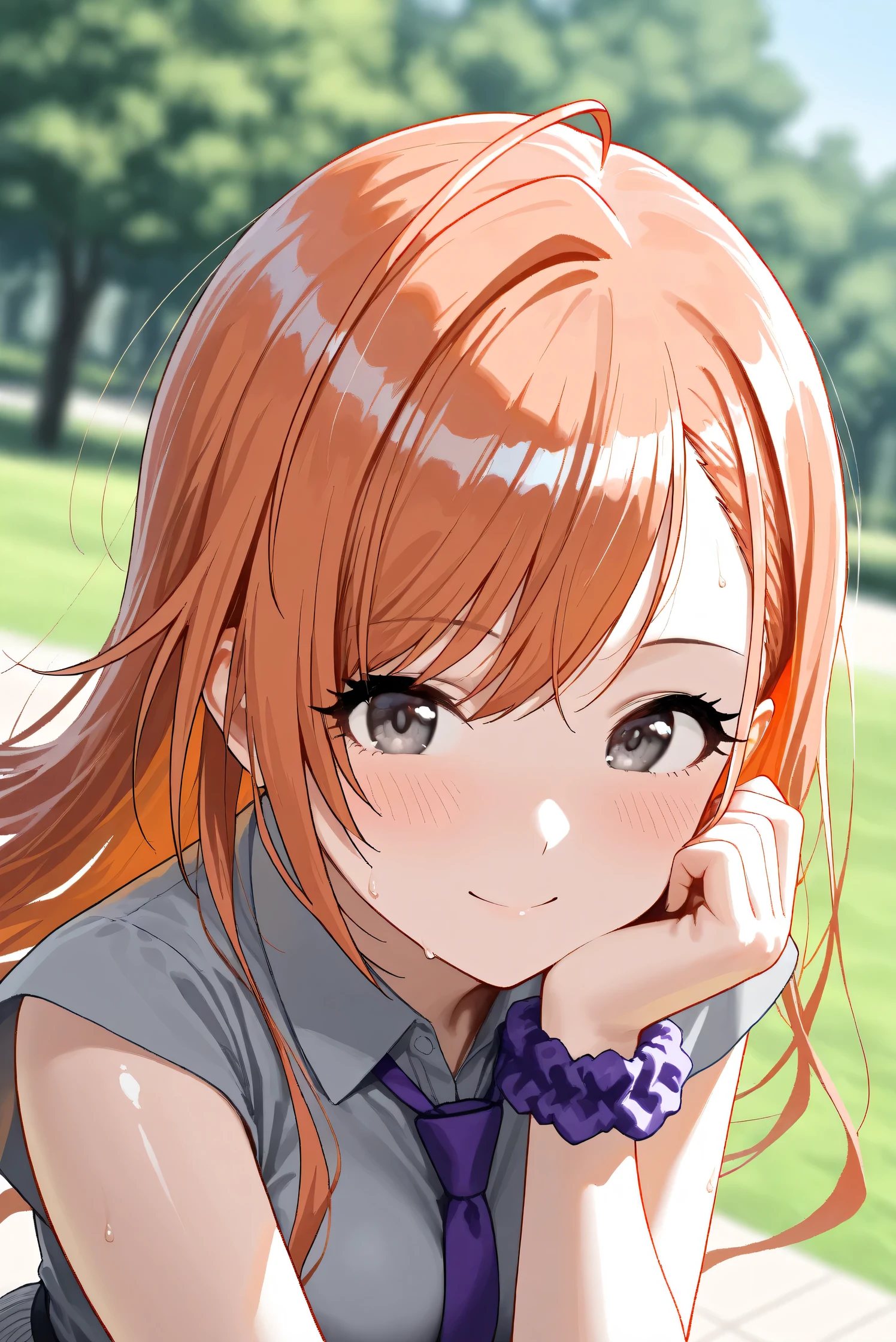 (Masterpiece), (Highest quality), (Very detailed),
(The best shape), (Best Shadow), (Absurd),
(Detailed background), (So beautiful), Shiny ,
Extraordinary, Countershading, 8k, 32K, High resolution, Beautiful eyes in every detail,
Very Detailed CG, UHD,
Score_9, Score_8_up, Score_7_up, Source_anime,
(Pastel painting:1.2), (Watercolor painting:1.2),
(Masterpiece, Detailed:1.2), (Foreshortening:1.2),
Cinematic, Dramatic, (Depth of field:1.4),
(Blurry background:1.4), (Realistic background:1.4),
(Foreshortening:1.3),Dynamic angle,
Outdoor, Summer, Nature, Park, Wind, blue sky,
Arisugawa Natsuha,
the idolmaster shiny colors,
natsuhaarisugawa, 1girl, solo, orange hair, long hair, ahoge, swept bangs, black eyes, busty, hair ribbon,
green ribbon,
(casual wear:1.3),
formal shirt, gray shirt, (Short-sleeved shirt:1.1),
tie, purple tie,
Wear a scrunchie on her left wrist, purple scrunchie,
(Portrait:1.2), Upper body, (Focus on face:1.3),
(Close up shot:1.3),
(Blush:1.3), sweat, smile, happy,
Realistic skin, Shiny skin,
feet out of frame,