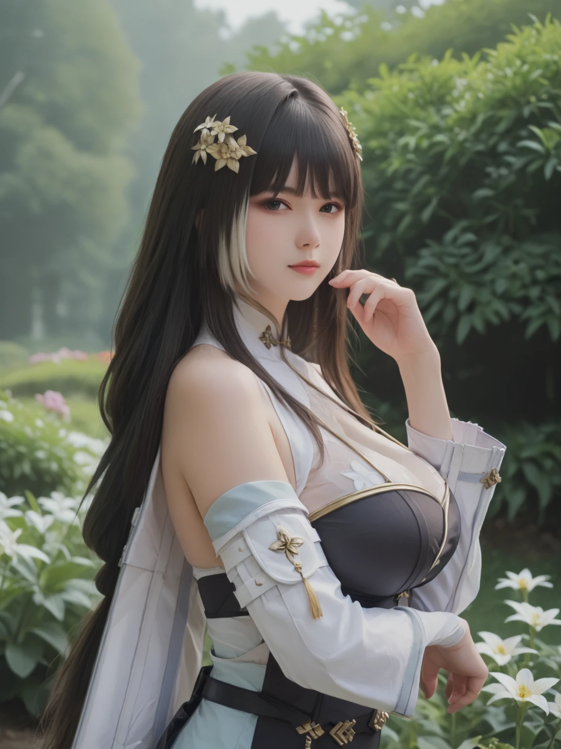perfect figure beautiful girl:1.4, 17years old, cleavage, huge breast Layered Hair Style, (Cleric:1.5), Jewelry Decoration, Highly Detailed Face and Skin Textur, double-edged eyelid, Whiten the skin, long hair,  (background snow plains), diamond dust,