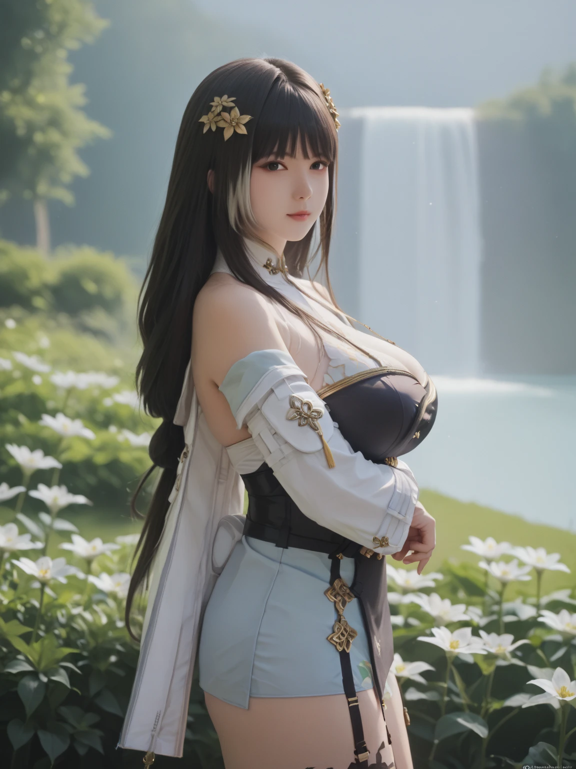 galadriel, fluttering hair, long wavy hair, long curl hair, huge tit, thick thighs, abdominal muscle, blush, upper body from below, sitting in water forest, moss, fern