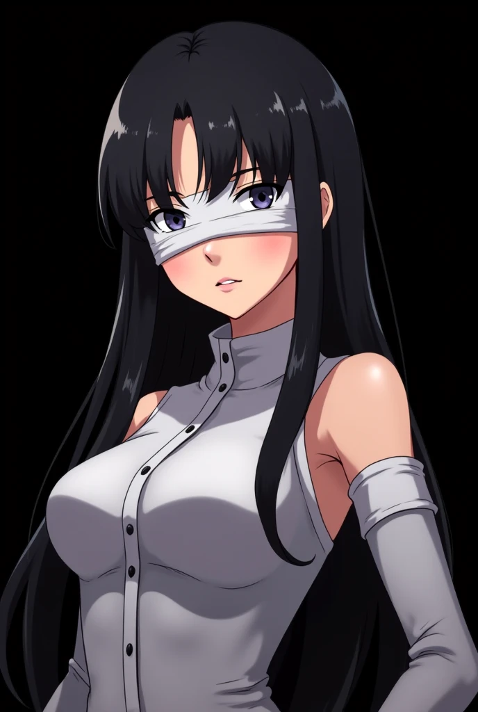 masterpiece, high quality, African American,high resolution, absurdities, fine details, Deadman Wonderland scree Deadman Wonderland-inspired art, black skin woman, hair covering the right eye, eye bags, tired eyes 