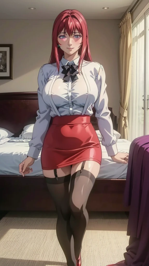 (Highest quality, Super detailed, Anime Images, Game CG, art CG, Realistic, Cinema Lighting, Perfect Shadow, Realistic lighting shades, unity 8k wallpaper),Large sofa,Sit on the sofa,Touching panties,Hiroko Takashiro,Redhead,Large Breasts,Long Hair,(Purple eyes), Earrings, shirt, Black knee socks, (Purple garter belt:1.1), zettai ryouiki, Pencil Skirt,Perfect Eyes, Perfect Face,Intense masturbation, blush, Embarrassing,The whole body is sweating,Big Breasts,Ahegao,