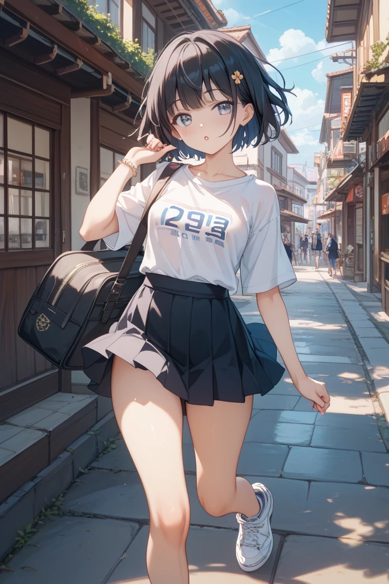 (Superflat, Flat Shading, flat-colors:1.1)、(one asian boyish girl)、(cute little:1.2)、very beautiful 18 year old cartoon girl、Great smile、cheeks are reddened、(High Detail Skin: 1.2)、photorealistic anime girl render、realistic anime 3 d style、cute littleボブカット、Beautiful brown hair、Intense black eyes、Strong highlights of the eyes、(A detailed、medium chest)、Perfect Anatomy、hair messy、old style sportswear、((Sportswear that is transparent with sweat))、white tight sleeveless shirt、dark blue short tight shorts、((Wet with water))、From below、((from the front side))、showing off shorts、Sportswear with a small area、Angle from your feet、Angle from below、((Angle looking up from below、Crotch show off))、Volumetric lighting、Soft light、Bright、neons、Vibrant colors、watercolor paiting、