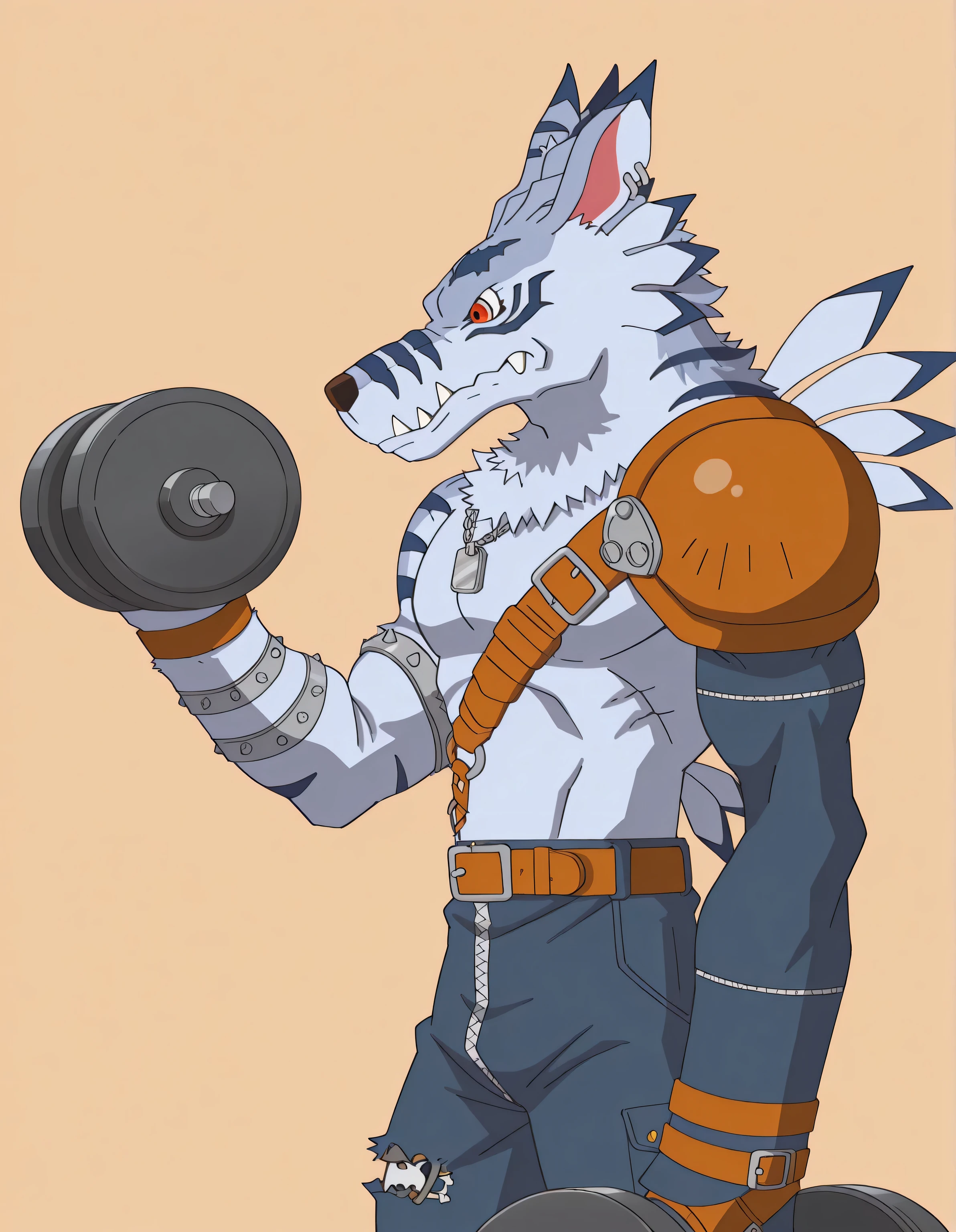 weregarurumon, weregmonil, ripped blue jeans with a spiked knee-pad on the right leg, a leather pauldron on left shoulder, blue arm sleeve on left arm, dog_tag, silver armbands right arm, anthro, male, wolf, light blue fur, orange eyes, dark blue stripes, solo, high quality, score_9_up, score_8_up, working out, lifting weights, excercise, simple background, looking down, two dumbbells, oversized dumbbell, dumbbell, holding dumbbell, side view