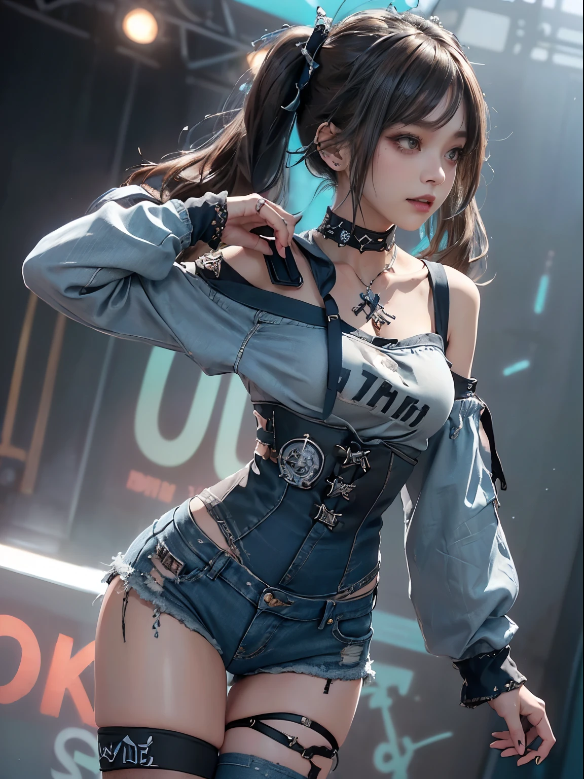 (full body view:1.2)、(sidemap:1.1)、(shows his teeth and laughs:1.3),(Shibuya Gal:1.5)、(Heavily equipped prostitute:1.5)、(Neo-goth fashion:1.5)、( punk rock visual:1.5)、(off-shoulder hoodie adorned with denim and delicate accessories in black and navy:1.5)、(A delicately designed corset in denim and navy:1.4)、( Tattered Turquoise and Dark Grey Denim Bodysuit :1.5)、(headband:1.3)、(Denim and charcoal knee socks:1.4)、Embellished denim collar and high heels 、(I am offering beautiful underwear decorated with silver accessories:1.4)、(long lashes:1.3)、(20 years old)、((Highest quality、8K、masterpiece:1.3))、1 Rim Abs Beauty:1.3、(hairstyle casual、beautiful with oil:1.1)、(dance:1.3)、 dress:1.1、Super small face、Narrow eyes、double eyelids、with a grinning smile、Full Body Esbian、dynamic angle、close-up、CPL Filter、blurry background、Bokeh、blue hour、Detailed face and skin texture、detailed eyes、,(twin tails:1.3)、(brown hair:1.3)、gravure idol、(background is a glamorous fashion show stage:1.3)、(Make your legs thinner:1.4)、(Slim body:1.3)、(clavicle:1.1)