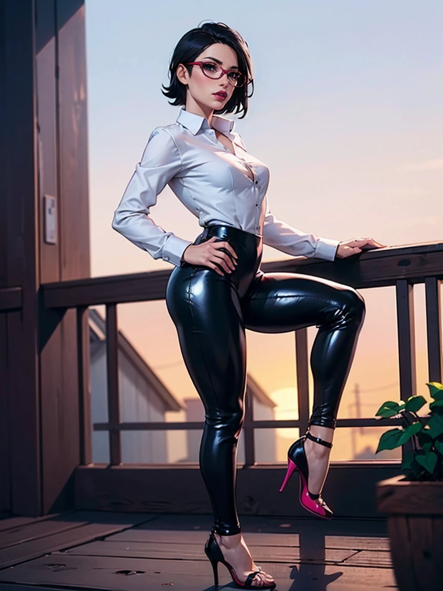 (1girl, solo, alone), (WakatsukiRisa, Sarada Uchiha, black hair, short hair, black eyes, red glasses), ((solo, (1woman, pink lipstick, (small breasts), black eyes), Extremely detailed, ambient soft lighting, 4k, perfect eyes, a perfect face, perfect lighting, a 1girl)), austere, ((black leather pants, (high heels, ((dress shirt, white shirt, long sleeve blouse))), black leggings, leather pants, black pants, ((stiletto high heels, (peep toes), black high heels with red soles, high heels)), tight clothes, shiny leather, leather, leathery, farm, balcony, ((looking back, backwards)), farm background, pond)), ((itness, muscular, shapely body, athletic body, toned body))