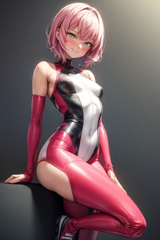 18 year old girl is standing, touching her breast, a photorealistic cute ballerina, beautiful face, anguished face,blue eys, averting your eyes, European face, Short-cut pink hair, portrait of upper body up to the knee,extra shiny long sleeve leotard,tight-fitting metalic black long sleeve leotard