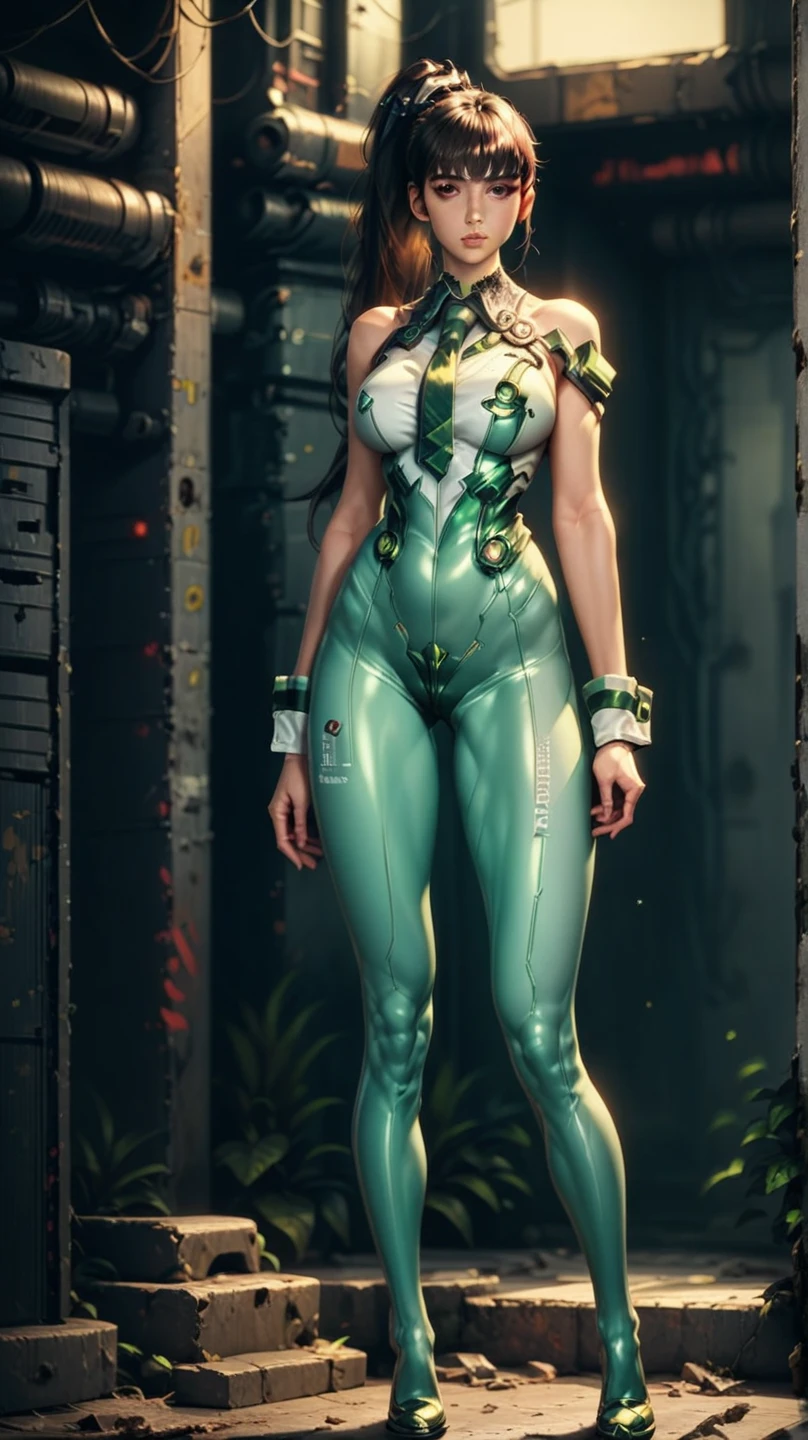 eve (stellar_blade), solo, bodysuit, necktie, abandoned cyberpunk city overgrown with plants, standing, looking at viewer, shiny clothes, skin tight, full body, bare shoulders, lips, green necktie, large breasts, wrist cuffs, shiny, sleeveless, high heels, BREAK , zPDXL, score_9, score_8_up, score_7_up, score_6_up, score_5_up, score_4_up